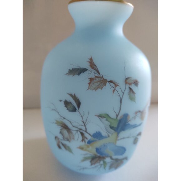 Vintage Blue Satin Glass Hand Painted Birds Vase Japan 7 1/2" - Picture 9 of 11